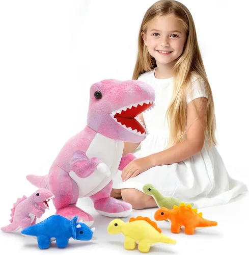Vista 21 de Muiteiur Triceratops - Animal de peluche gigante de dinosaurio para mamá con 3 bebés pequeños, juguete de dinosaurio de felpa suave verde, regalo