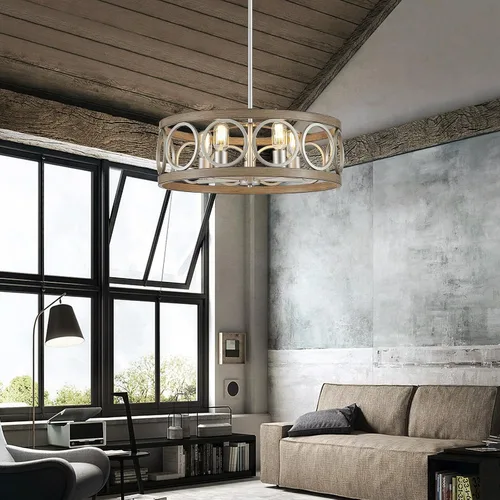 Vista 8 de XINGQI Candelabro de tambor de 21.7 pulgadas, lámpara de comedor de granja, iluminación de cocina de níquel cepillado de grano de madera, 5 luces