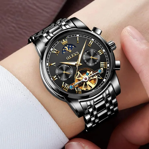 Vista 2 de OLEVS Relojes mecánicos automáticos para hombre, cuerda automática, impermeable, acero inoxidable, relojes de pulsera para hombre, reloj de lujo