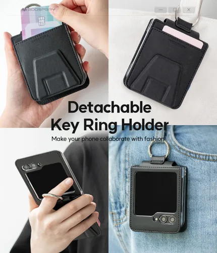 Vista 4 de GOOSPERY EZ Mount - Cartera compatible con Samsung Galaxy Z Flip 5, tarjetero con anillo Loopy con soporte ajustable con soporte Negro