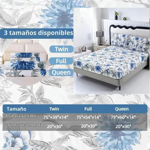 Vista 5 de SDIII Sábana bajera ajustable azul floral individual con 2 fundas de almohada, no incluye sábana encimera, microfibra suave azul vintage, sábanas