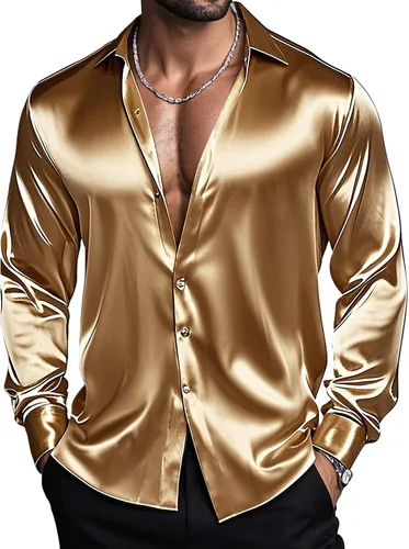 Vista 27 de Barry.Wang Camisas de discoteca de los años 70 para hombre, camisas beige B