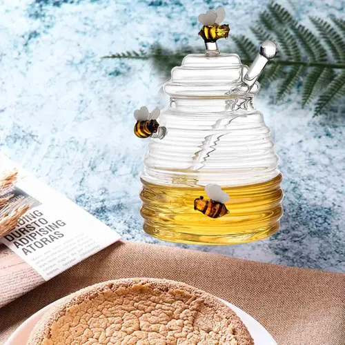 Vista 5 de PHEZEN Tarros de miel con tapa y tapa con tapa y tarro grande de vidrio con estatua de abeja, recipientes de miel, dispensador de miel de vidrio