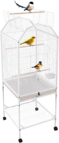 Vista 14 de Jaula grande para pájaros, jaulas movibles para pájaros con ruedas, 4 ventanas de alimentación, bandeja deslizante, aviario panorámico para pájaros