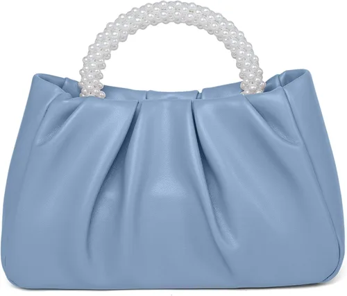 Vista 17 de Beatfull Bolso de noche para mujer, bolso de mano pequeño con perlas de cuero suave, bolso fruncido para boda, novia, fiesta, baile de graduación