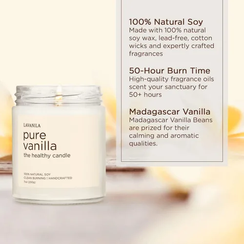 Vista 4 de Lavanila Vela de soja natural perfumada de vainilla pura (paquete de 1) – Hecho a mano, combustión limpia de 50 horas de tiempo de combustión, 7