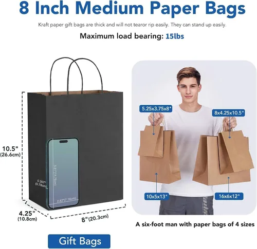 Vista 2 de GSSUSA Bolsas de papel negras de 8 x 4.25 x 10.5 pulgadas, 20 unidades, bolsa de papel de regalo con asas a granel, regalo de graduación, papel
