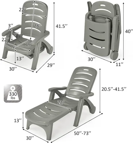 Vista 3 de Tangkula Tumbona para exteriores, silla reclinable ajustable de 5 posiciones con ruedas integradas, resistente a la intemperie, plegable, para Gris