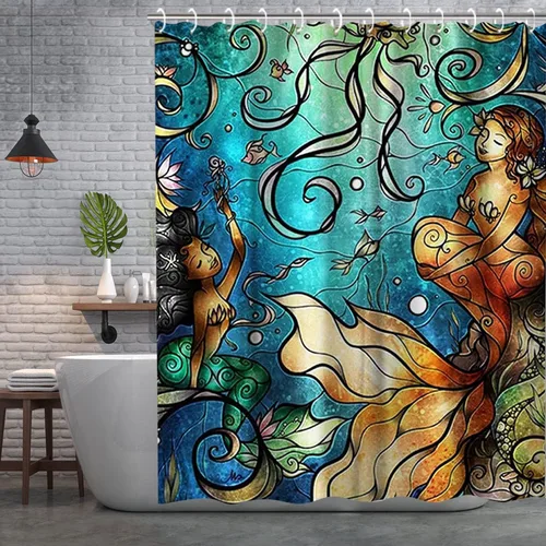 Vista 2 de LIVILAN Cortina de ducha de sirena, juego de cortinas de baño de tela de medusa con ganchos, animales marinos del océano, decoración de baño