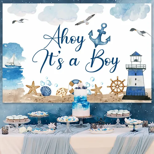 Vista 5 de 70 piezas de decoraciones náuticas para baby shower para niños con fondo Ahoy It's a Boy azul blanco marino marino faro barco y arco de globos