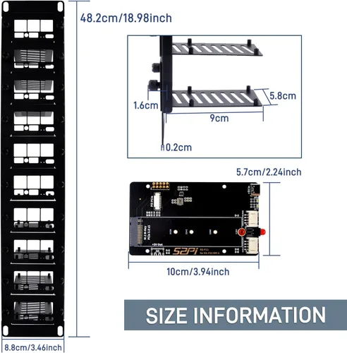 Vista 5 de GeeekPi Soporte de rack de 2U de 19 pulgadas para Raspberry Pi 5, con 10 adaptadores PCIe a M.2 NVMe SSD, compatible con rack de servidores de 19