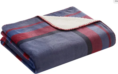 Vista 2 de Serafina Home Manta de franela de invierno Sherpa para vacaciones: diseño a cuadros de tartán rojo y azul, forro polar mullido, felpa cálida, acento
