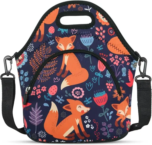 Vista 17 de Violet Mist Lonchera de neopreno reutilizable aislada con correa de hombro ajustable y bolsillo para mujeres, hombres y adultos, lindas bolsas