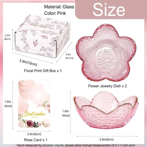 Vista 5 de Regalos para mujeres, plato para baratijas con flores, plato para joyería de vidrio rosa, soporte para anillos, bandeja de joyería, decoración