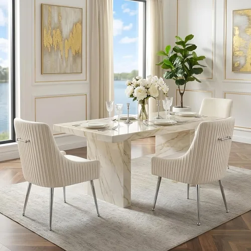 Vista 7 de Sillas de comedor de estilo moderno de terciopelo tapizadas con barra vertical, silla de acento con botón acolchado con patas plateadas, juego de 2