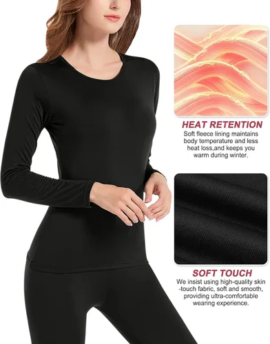 Vista 4 de Conjunto de ropa interior térmica para mujer, capa base con forro polar de poliéster suave, parte superior e inferior, Negro