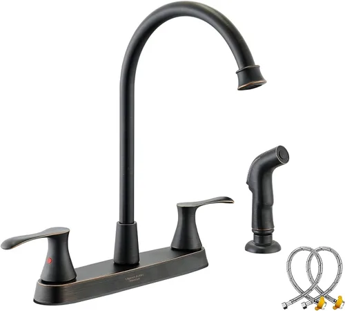 Vista 8 de Grifo de Cocina KirlystonE con Pulverizador Lateral, Grifo de 2 Manijas de Níquel Cepillado para Fregadero de Cocina de 4 Agujeros