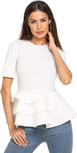 Vista 4 de Romwe blusa para mujer Vintage con capas de volantes cuello redondo