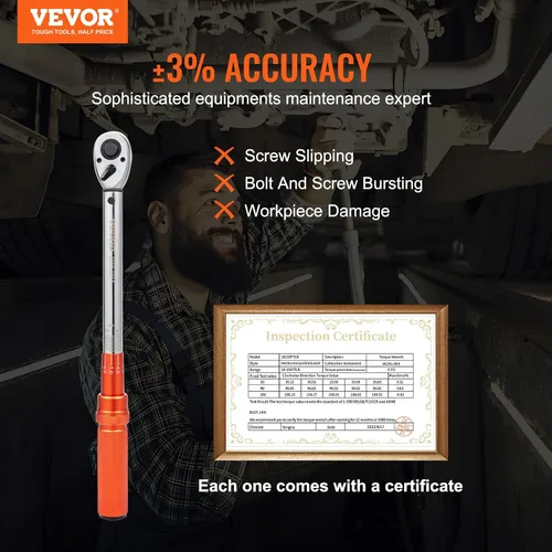 Vista 2 de VEVOR Llave dinamométrica de 1/2 pulgada con clic, escalas de doble rango mecánicas 10-150 pies.libras/14-204 Nm, de doble dirección ajustable
