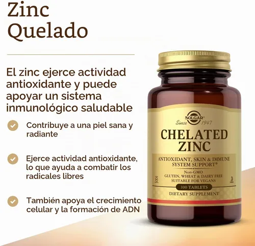 Vista 3 de Solgar Zinc quelado, 100 tabletas - Zinc para una piel sana - Apoya el crecimiento celular y la formación de ADN - Ejerce actividad antioxidante