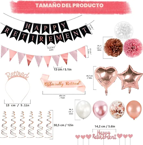 Vista 4 de Decoraciones de Fiesta de Jubilación Oro Rosa, 63 Piezas Decoraciones de Fiesta de Jubilación para Mujeres Pancarta de Feliz Jubilación Remolinos