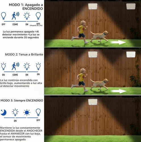 Vista 3 de Luces solares para exteriores, 226 luces LED con sensor de movimiento, iluminación solar del atardecer al amanecer con 3 modos, control remoto