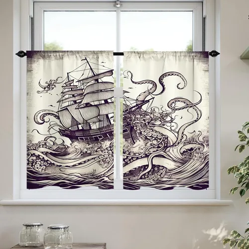 Vista 13 de Cortinas cortas de cocina con diseño náutico de tortugas marinas azules y playas, media cortina de baño para dormitorio, juego de 2 paneles de 27.5