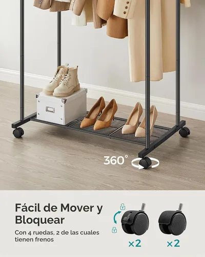 Vista 5 de SONGMICS Perchero de doble barra con ruedas, perchero para colgar ropa, perchero resistente con estante de almacenamiento de malla, 2 frenos, cada