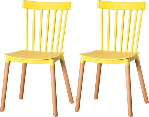 Vista 14 de Fabulaxe Silla de comedor de plástico moderna diseño Windsor con patas de madera de haya, color blanco juego de 2