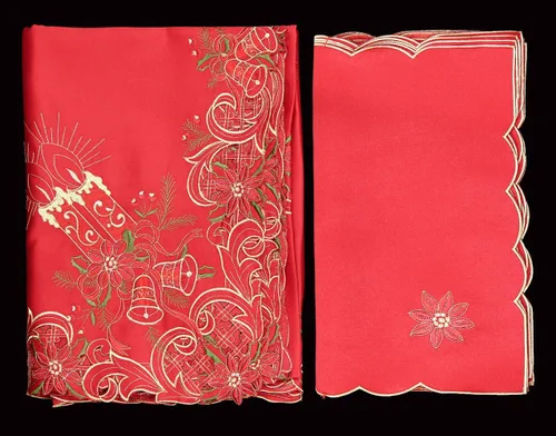 Vista 3 de Creative Linens Mantel Navideño Bordado con Flor de Pascua Vela Campana 70x90 Rectangular con 8 Servilletas ROJO Dorado