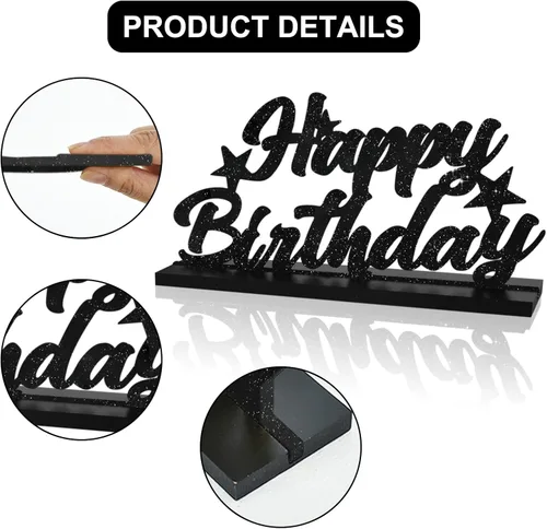 Vista 3 de Letrero de Feliz Cumpleaños con Letras Negras con Purpurina Centros de Mesa para Mesa Suministros de Fiesta de Cumpleaños Decoración de Favor