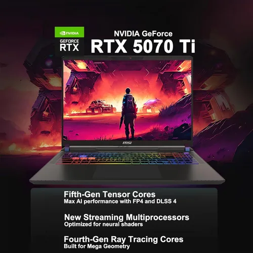 Vista 3 de msi Portátil para juegos Vector 16 HX AI, 16 pulgadas QHD+ IPS 240Hz, procesador AMD Ryzen 9-8940HX, GeForce RTX 5070 Ti, retroiluminación RGB
