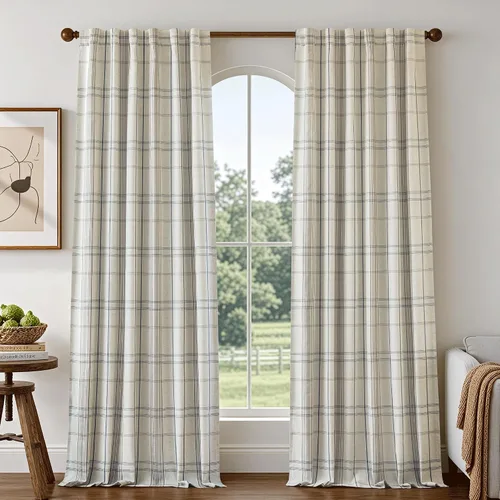 Vista 11 de DriftAway Cortinas de felpilla de lino a cuadros 100% opacas de 96 pulgadas Beige