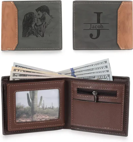 Vista 3 de Carteras personalizadas para hombres, cartera personalizada para hombre con imagen grabada y nombre, billetera delgada de cuero plegable, regalos