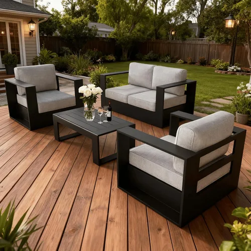 Vista 50 de LayinSun - Juego de muebles de exterior de aluminio de gran tamaño de 5 piezas con mesa auxiliar Negro/Gris oscuro