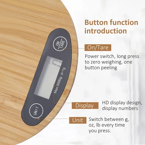 Vista 5 de Gavigain - Báscula digital redonda de bambú con 6 unidades, pantalla LCD, función de tara, báscula de alimentos de cocina de hasta 11.0 lbs