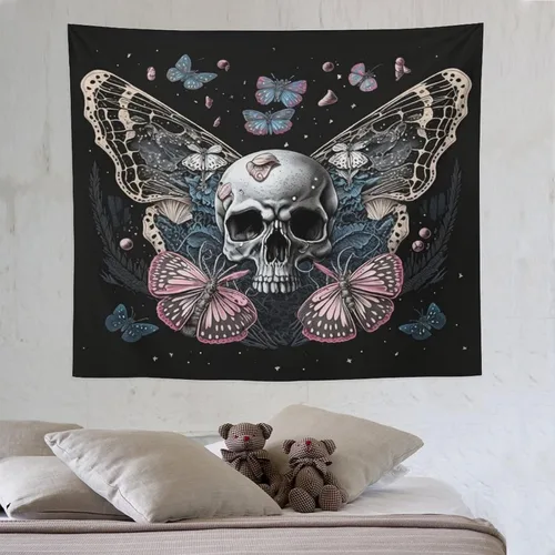 Vista 8 de Naykow Tapiz de calavera y mariposa, tapiz rosa trippy negro, tapiz de bruja gótica para dormitorio, decoración de habitación hippie de mariposa