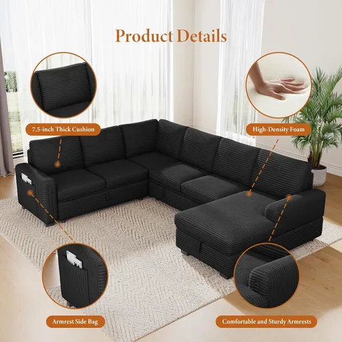 Vista 3 de Vesgantti Sofá Seccional Modular de 113.6" con Sofá Cama Extraíble, Sofá Cama en Forma de U de 7 Plazas con Chaise de Almacenamiento, Sofá Seccional