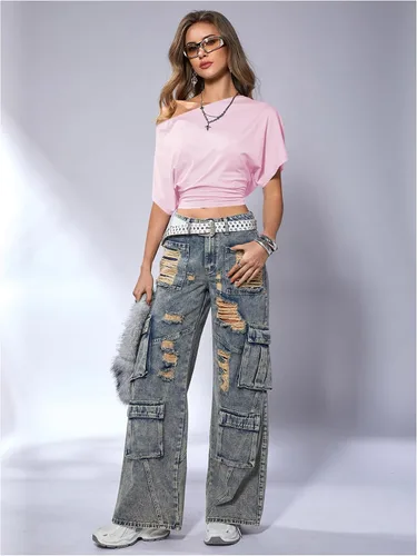 Vista 5 de SweatyRocks Women's Off The Shoulder Tops Asymmetrical Summer Going Out Top Rosa claro