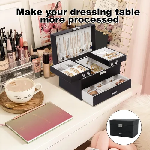 Vista 5 de Dajasan Cajas de joyería para mujeres y niñas, caja organizadora de joyas, 3 capas, organizador de almacenamiento de joyas para aretes, anillos