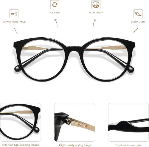 Vista 2 de AMOMOMA Lentes de lectura redondos retro para mujer, lindos y elegantes con bloqueo de luz azul, AM6055