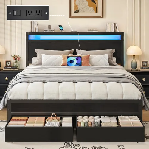 Vista 12 de Fluest - Base de cama individual con cabecero de almacenamiento y cajón de almacenamiento, estación de carga y luz LED, no necesita somier, sin