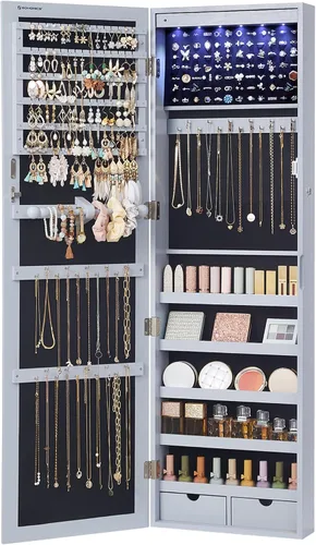 Vista 17 de Songmics - UJJC093B01 - Armario para joyas que se puede cerrar con llave, de montaje en pared o puerta, con espejo de 6 luces LED, para Negro