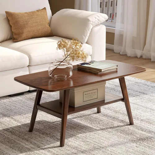 Vista 12 de Mesa de centro 100% de madera de roble maciza para sala de estar, mesa pequeña con almacenamiento en estantes, mesas de centro modernas de mediados