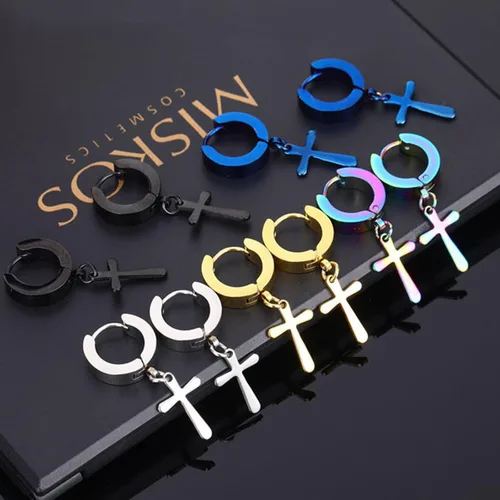 Vista 7 de Halawly Juego de aretes de aro de acero inoxidable para mujeres y niñas, 3 pares6 pares10 pares pequeños, enormes plateados, dorados, negros, cruz