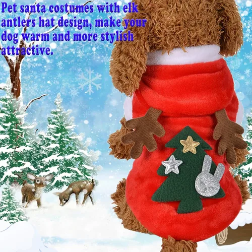Vista 2 de Disfraces de Navidad para perros, abrigo de suéter para mascotas para clima frío, disfraz de reno de Papá Noel, sudadera con capucha de invierno