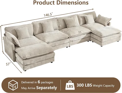 Vista 2 de Sofá modular de gran tamaño, sofá grande en forma de U con asiento profundo, sofás de nube de felpilla para sala de estar, sofá modular convertible