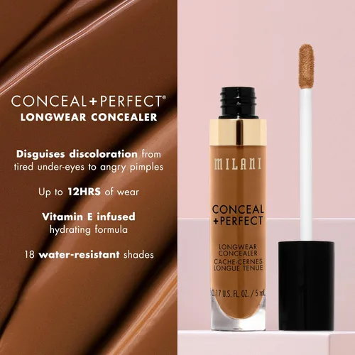 Vista 3 de Milani Conceal + Perfect Corrector de Larga Duración de Cobertura Completa Infundido con Ácido Hialurónico y Vitamina E, Cubre Ojeras, Manchas e