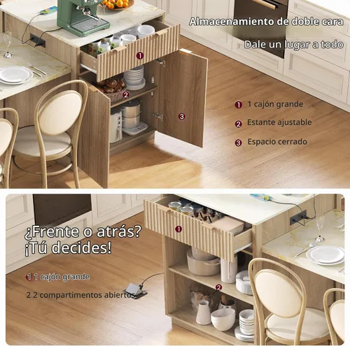 Vista 7 de Merax Isla de cocina acanalada de 82.6 pulgadas con mesa de comedor extensible para 4-6, mesa de isla para cocina con toma de corriente, mesa