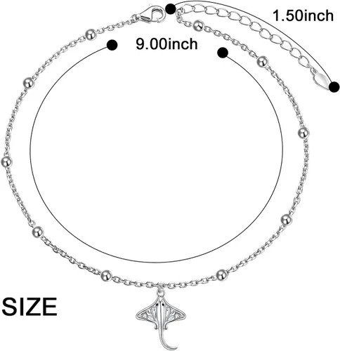 Vista 5 de Ladytree Tobillera para mujer de plata de ley 925, diseño de conejo, mantarraya, pulpo, cuentas, ajustable, tema de pie, pulsera de tobillo